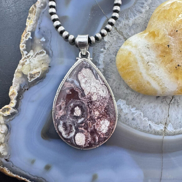 Sterling Silver Southwestern Style Large Teardrop Sunflower Jasper Uni Pendant - Picture 2 of 10